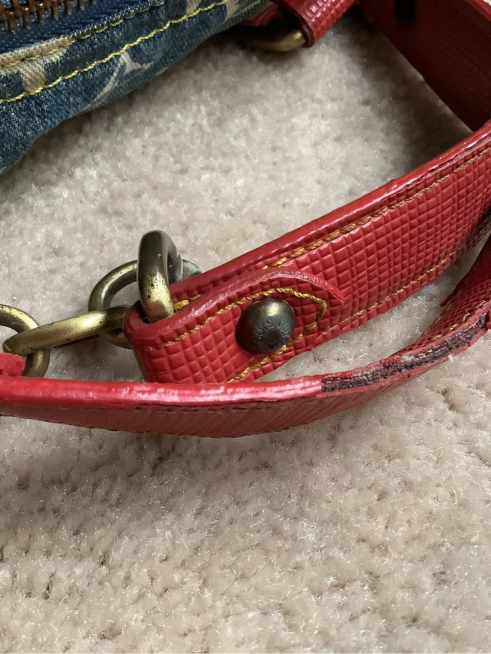 Denim and white, handbag. Red trim.  Signs of use. - Picture 6 of 16